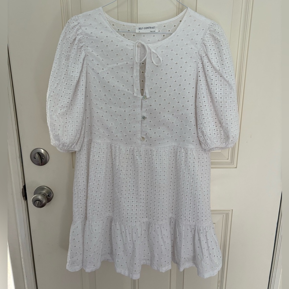 Self Contrast Eyelet Lace Neck Tie Dress Size Medium